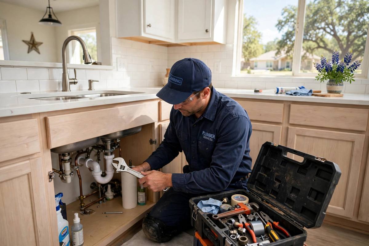 Plumber repairing pipes under a kitchen sink in a Tyler, TX home