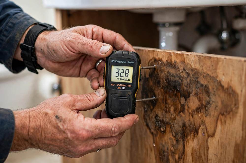Technician checking for moisture under a bathroom sink with a digital meter
