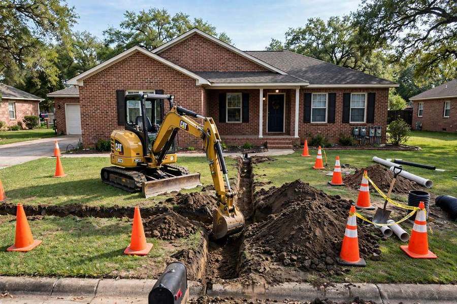 Excavator digging a sewer line trench in a Tyler front yard