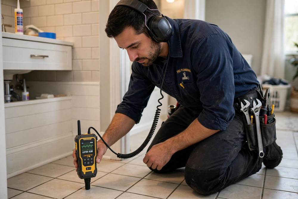 Technician using electronic listening equipment to locate a slab leak in a Tyler home